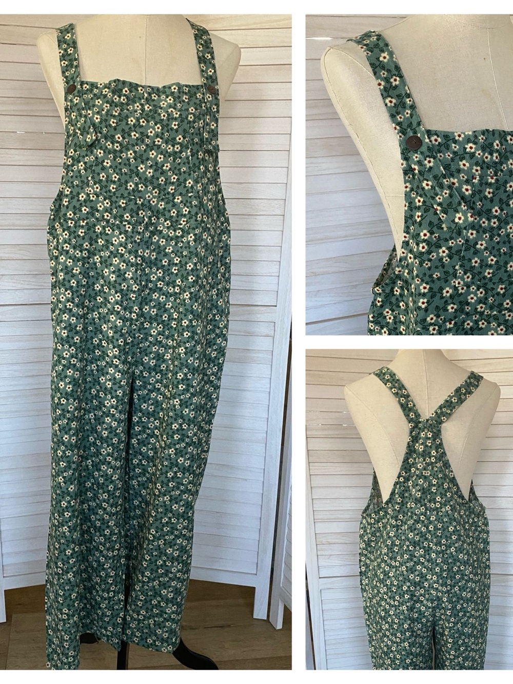 Women's Green Floral Wide-Leg Jumpsuit Overalls